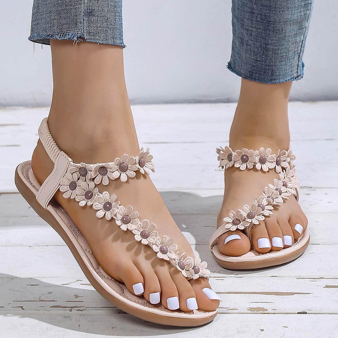 Women's Floral Embellished T-Strap Sandals with Cushioned Sole – Perfect for Casual Summer Outings 2025 - $19.99 –P11