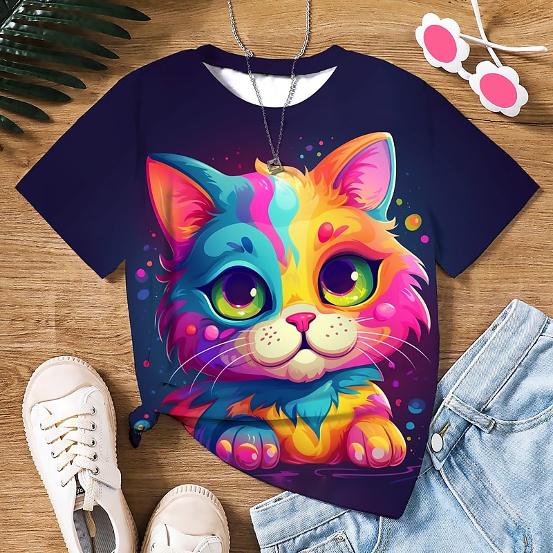 Flickor 3D Grafisk Tecknat Katt T-shirt Kortärmad 3D-tryck Sommar Vår Aktiv Mode söt stil Polyester Barn 3-12 år Utomhus Ledigt Dagligen Normal 2025 - $10.99 –P10