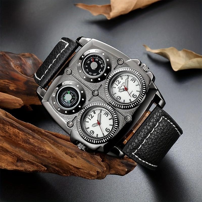 Oulm Herren Quarz Uhr Minimalistisch Retro Vintage Sport Mode Kompass Wasserdicht Thermometer Dekoration Lederuhr 2025 - $25.99 –P3