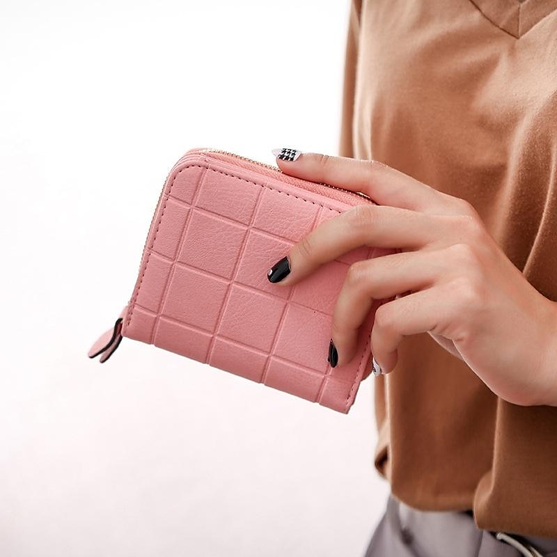 2025年 女性用PUレザー短財布、女性用チェック柄財布、ヌバックカードホルダー、小さなジッパー財布、女性用コインポーチ付き コレクション – $7.99 –P8