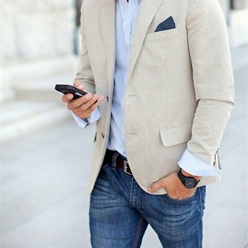 Homens Blazer de linho Casaco esportivo Colar de entalhe Moda Casual Cor Sólida Bege Moderno Comum 1 Butão de 2025 por $78.99 –P3