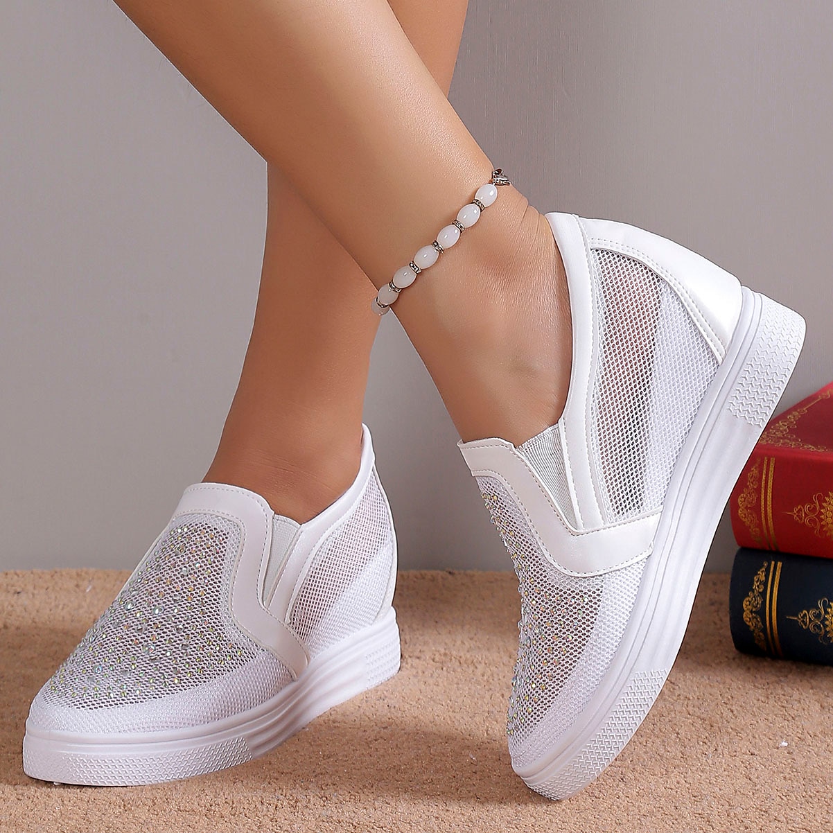 Women's Sneakers Slip-Ons Wedge Heels Height Increasing Shoes Platform Sneakers Daily Solid Color Galaxy Glow in the Dark Rhinestone Wedge Heel Hidden Heel Round Toe Fashion Sporty Casual Walking Mesh 2023 - AED 139 –P1