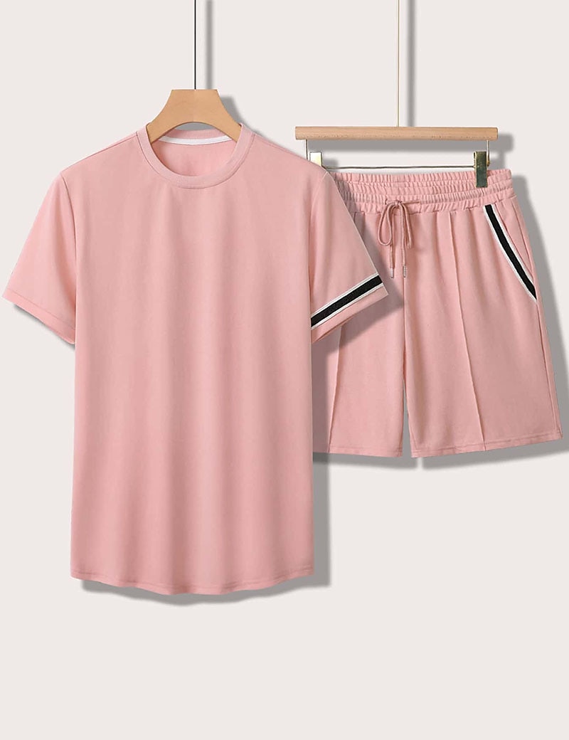 Men's Tee & Drawstring Waist Shorts 2 Pieces Outfits Short Sleeves Crewneck Summer Striped Fashion Sport Casual 2 Piece Striped Trim Vacation Daily Wear Activewear Black Pink Khaki Top Tee for Men 2025 - €18.99 –P13