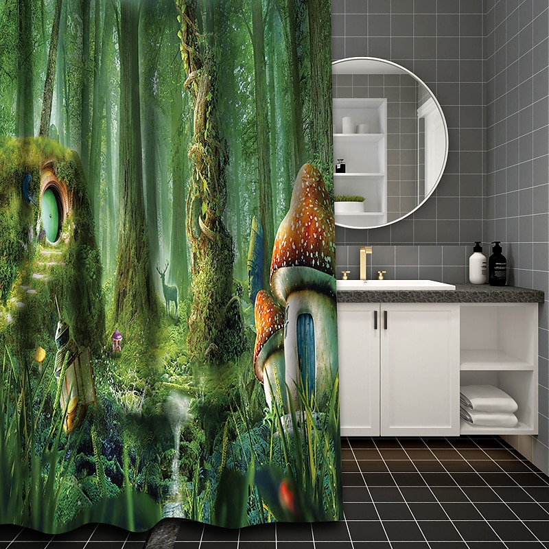 Zasłona prysznicowa z 12 haczykami 180 cm*180 cm (70"*70") poliestrowa wodoodporna nadająca się do prania wzór leśnego krajobrazu 2025 - $22.99 –P1