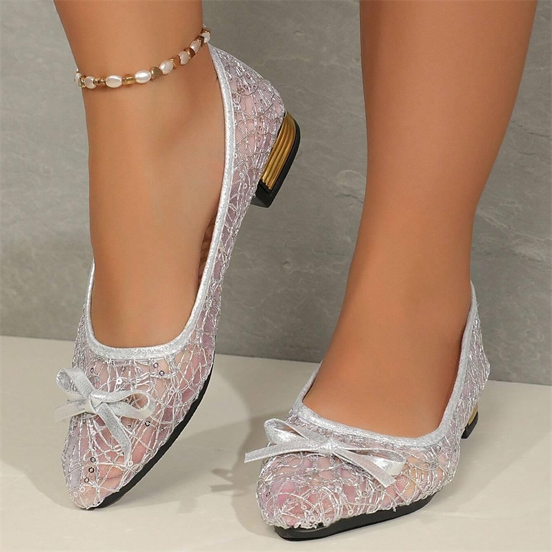 Women's Flats Plus Size Sparkly Sandals Comfort Shoes Outdoor Daily Solid Color Summer Bowknot Lace Chunky Heel Pointed Toe Elegant Casual PU Loafer Silver Gold 2023 - AED 90 –P1