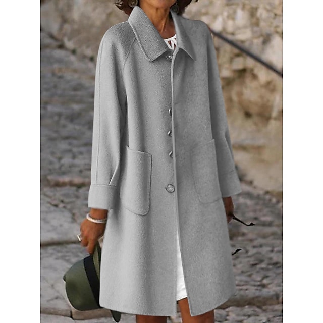 Women's Winter Coat Long Overcoat Single Breasted Lapel Pea Coat Thermal Warm Windproof Trench Coat with Pockets Elegant Outerwear Fall Outerwear Long Sleeve Gray Black 2023 - US $31.99 –P1