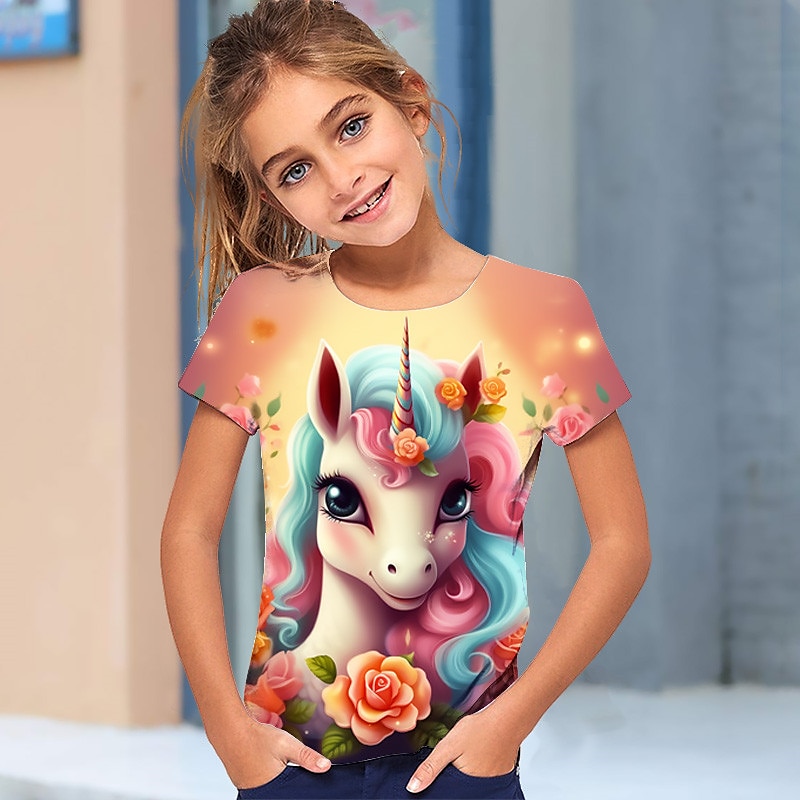 Flickor 3D Grafisk Tecknat Enhörnings T-shirt Kortärmad 3D-tryck Sommar Vår Aktiv Mode söt stil Polyester Barn 3-12 år Utomhus Ledigt Dagligen Normal 2025 - $11.49 –P5