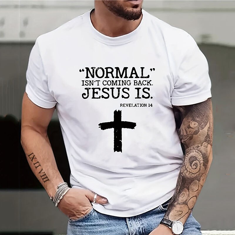 2025年 男性用 レタード グラフィック 十字架 Tシャツ グラフィックTシャツ コットン 半袖 グラフィック シャツ ブラック ホワイト ネイビーブルー 快適なTシャツ アウトドア ストリート ファッションデザイナーの衣類 コレクション – $15.99 –P8