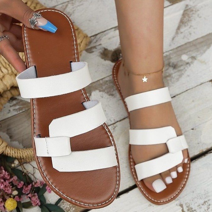 Women's Sandals Slippers Flat Sandals Plus Size Comfort Shoes Daily Solid Color Summer Flat Heel Open Toe Fashion Casual PU Loafer Black White Light Brown 2023 - AED 79 –P2