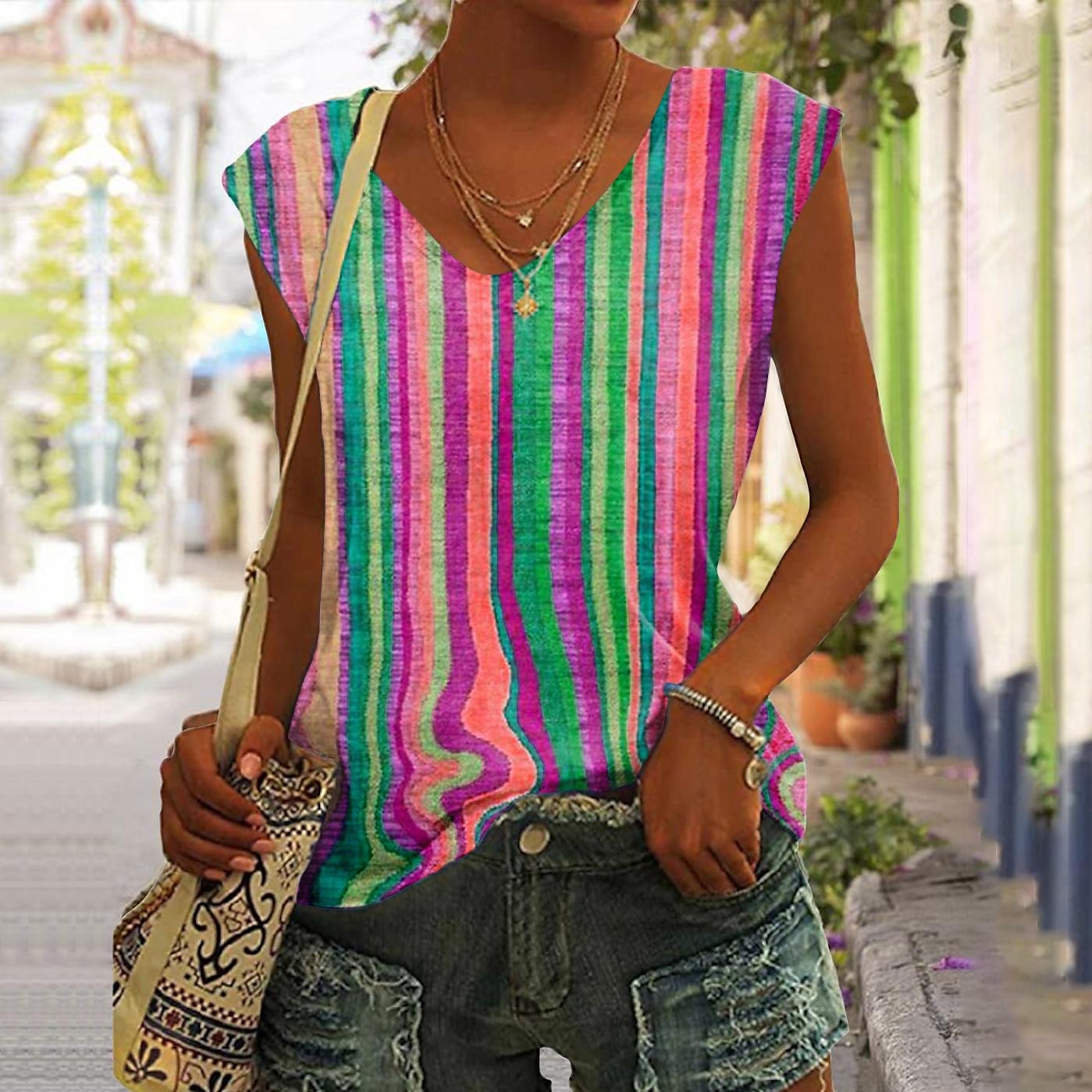 Women's Tank Top Yellow Pink Blue Striped Print Sleeveless Casual Basic V Neck Regular S 2023 - US $10.99 –P4