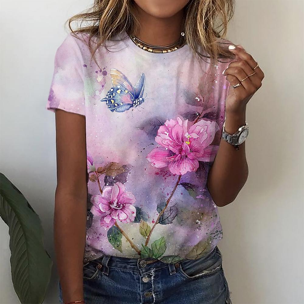 dame t-skjorte basic blomsterprint kortermet vanlige topper rund hals ferie helg rosa 2025 - $19.99 –P1