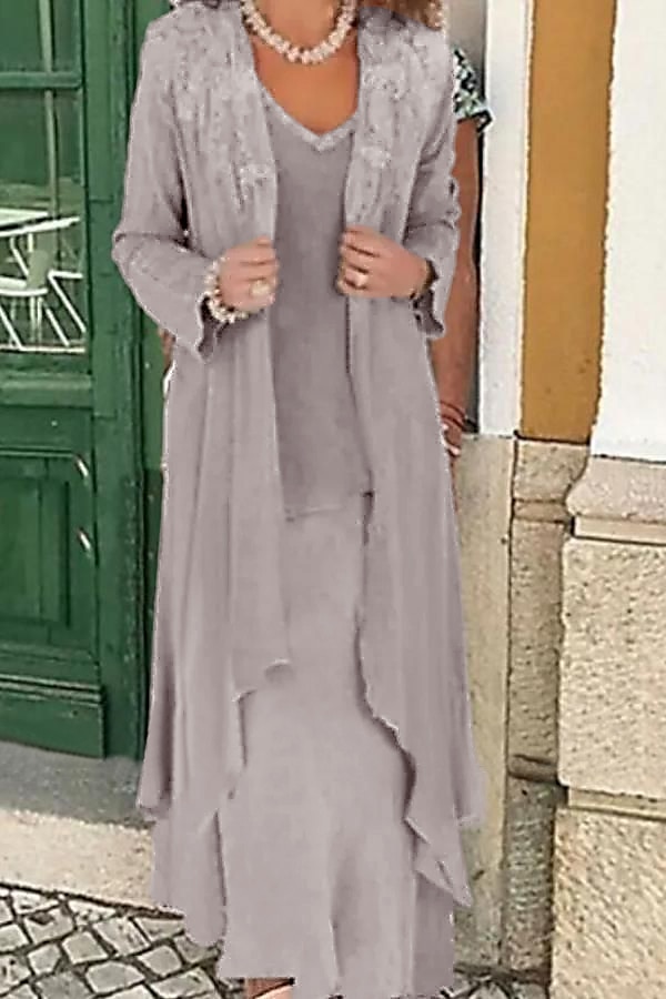 Rochie de mamă a miresei în două piese A-Line pentru nunta pe plajă Invitat formal la nuntă Elegant Mărime mare Casual Gât în V Largime din dantelă in amestec de bumbac fără mâneci Rochii cu aplicații 2025 - $217.99 –P4