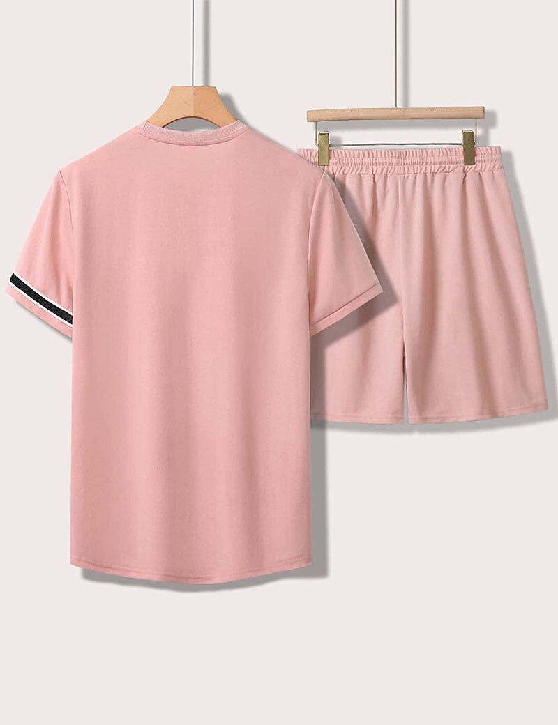 Men's Tee & Drawstring Waist Shorts 2 Pieces Outfits Short Sleeves Crewneck Summer Striped Fashion Sport Casual 2 Piece Striped Trim Vacation Daily Wear Activewear Black Pink Khaki Top Tee for Men 2025 - €18.99 –P15