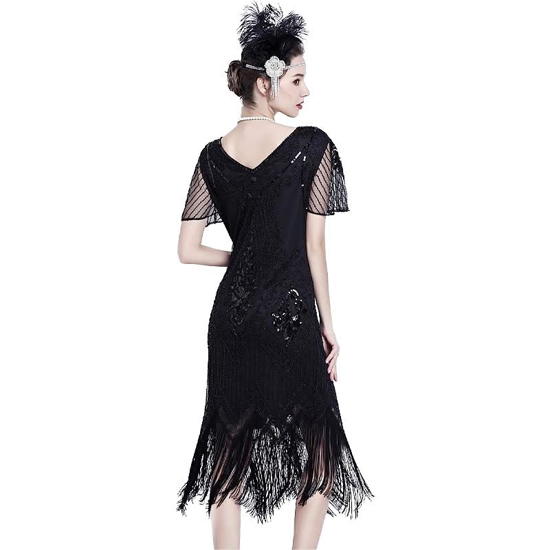 Goldene Zwanziger 1920er Knielang Kleid Flapper Kleid Outfits Kurze Ärmel Der große Gatsby Hochzeitsgast Pailletten Quastenfransen Pailletten Quaste V Ausschnitt Kostüm Damen Karneval Maskerade 2026 - $66.99 –P10
