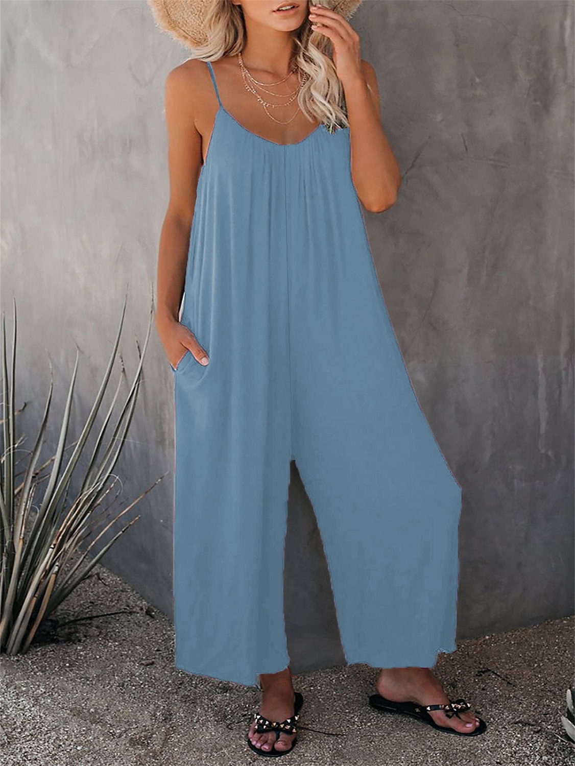 női jumpsuit egyszínű v nyak ünnepnapi kirándulás széles lábszár laza spagetti pántos khaki 3xl nyári 2025 - $24.99 –P20