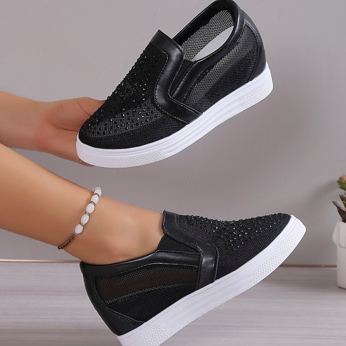 Women's Sneakers Slip-Ons Wedge Heels Height Increasing Shoes Platform Sneakers Daily Solid Color Galaxy Glow in the Dark Rhinestone Wedge Heel Hidden Heel Round Toe Fashion Sporty Casual Walking Mesh 2023 - AED 139 –P8