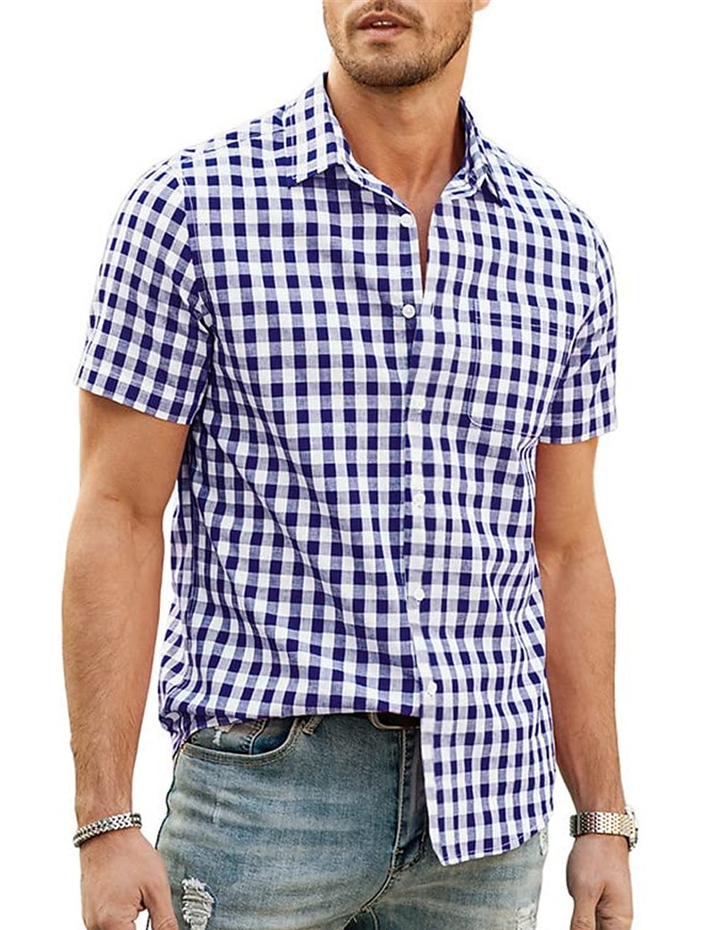 Men's Shirt Summer Shirt Casual Shirt Beach Shirt Button Up Shirt Checked Shirts Black Royal Blue Blue Red Dark Blue Short Sleeve Plaid / Check Lapel Vacation Daily Clothing Apparel Cotton Cotton 2025 - $21.99 –P11