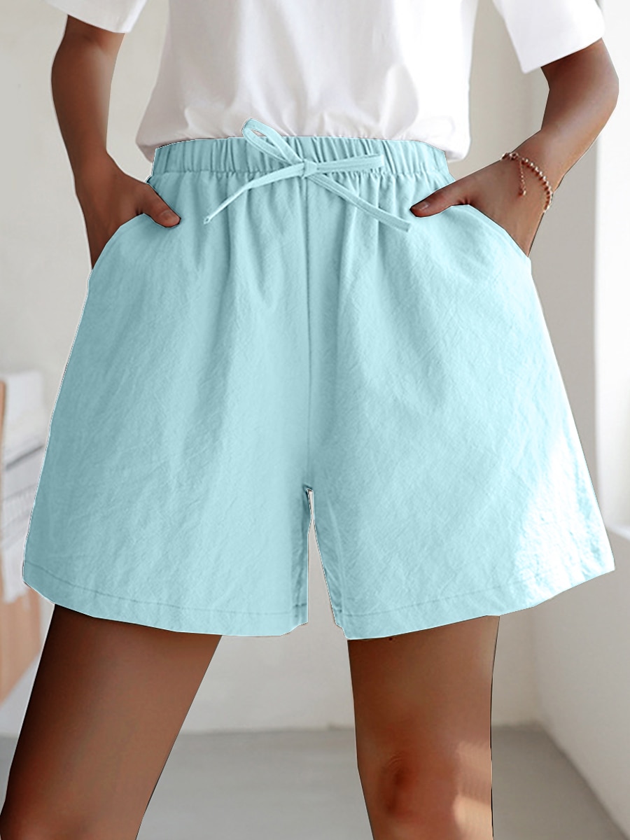 Women's Linen-Inspired Shorts Active Shorts Streetwear Simple Casual Short Mid Waist Plain Pocket Drawstring Breathable Soft Outdoor Micro-elastic Outdoor Vacation Casual Daily Ash Light Sky Blue 2025 - $12.99 –P8