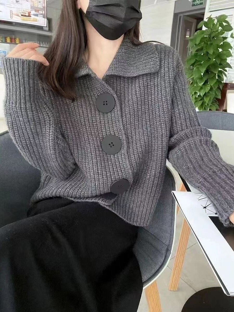 Women's Cardigan Sweater Shirt Collar Ribbed Knit Polyester Button Summer Spring Halloween Daily Going out Stylish Casual Soft Long Sleeve Solid Color White Orange Gray One-Size 2023 - US $21.99 –P1