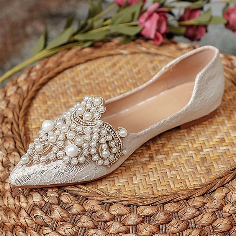 Hochzeitsschuhe für Braut, Brautjungfer, Damen, geschlossene Zehenpartie, spitze Zehenpartie, Aprikosenschwarze PU-Flats mit Imitationsperlenkristall, flacher Absatz, Hochzeit, Party, Valentinstag, eleganter Klassiker 2025 - $46.99 –P16