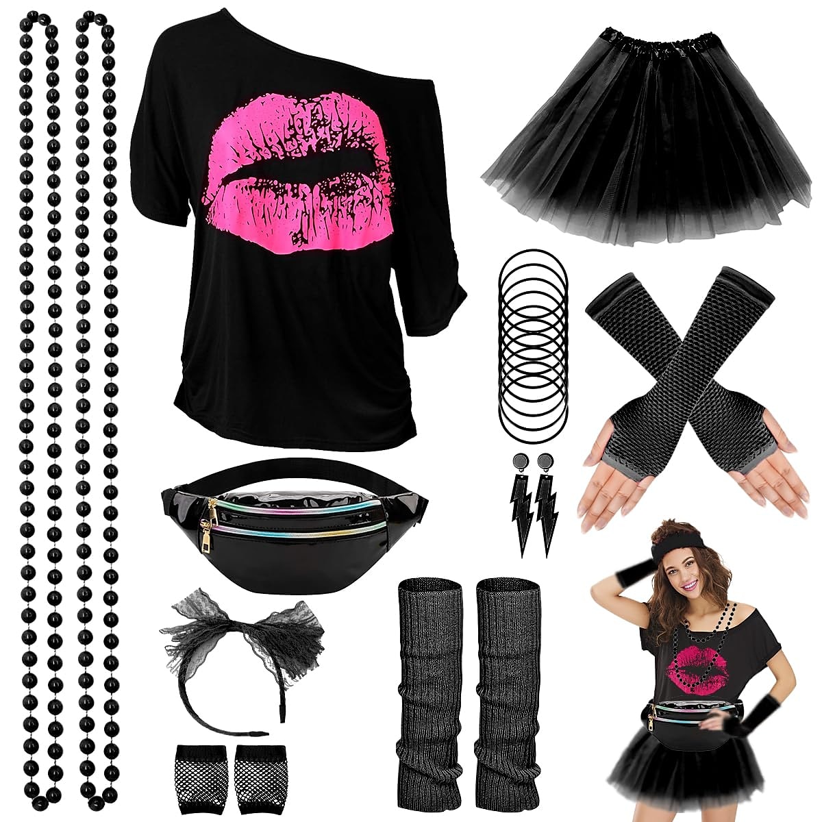 80s Costume Accessories for Women 1980s T-Shirt Tutu Fanny Pack Headband  Earring Necklace Fishnet Gloves Legwarmers 2024 - $38.99