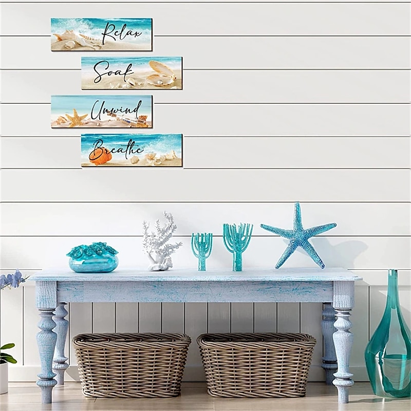 1pc oceano praia decoração da parede do banheiro de madeira relaxe de molho relaxe respire arte da parede sinal do banheiro pendurado concha do mar estrela do mar sinal de madeira decoração do quarto de 2025 por $25.99 –P6