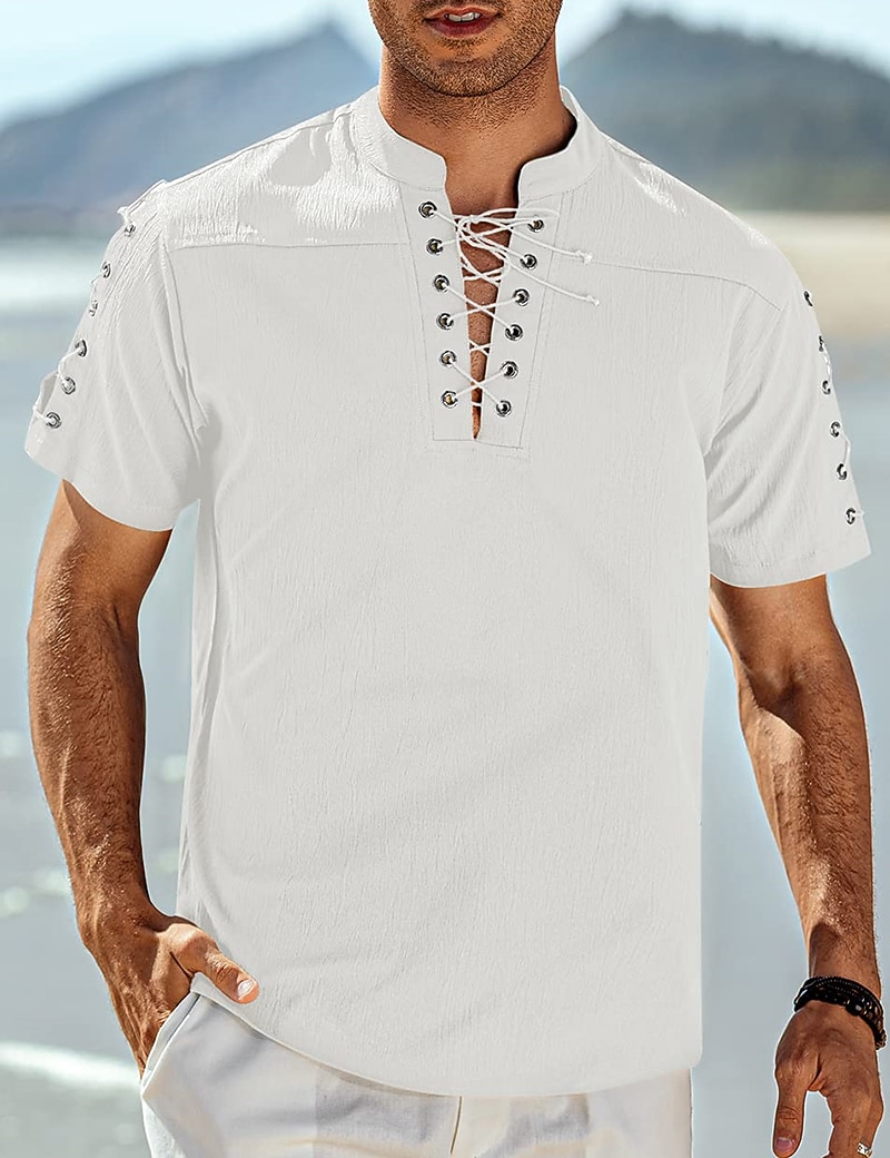 Homens Camisa Social camisa de linho Camisa casual camisa de praia Tecido Férias Havaiana Preto Branco Azul Marron Manga Curta Colarinho Chinês Primavera Verão Roupa Básico de 2026 por $25.99 –P8