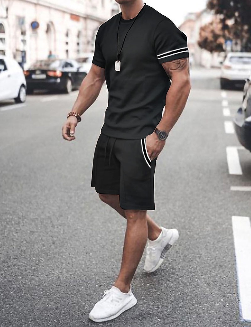 Men's Tee & Drawstring Waist Shorts 2 Pieces Outfits Short Sleeves Crewneck Summer Striped Fashion Sport Casual 2 Piece Striped Trim Vacation Daily Wear Activewear Black Pink Khaki Top Tee for Men 2025 - €18.99 –P7
