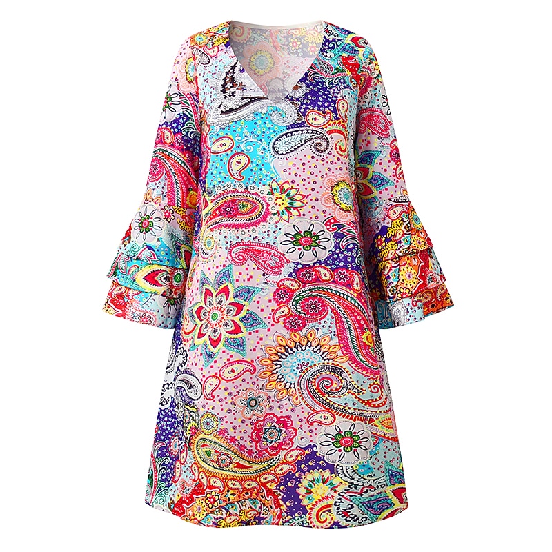 dámské mini šaty příležitostné šaty poloformální šaty drobné šaty sundress Bohemia volány rukáv dovolená každodenní koktejlová party regular fit květinový paisley 3/4 délky rukáv v-krk červená modrá 2025 - $46.99 –P2