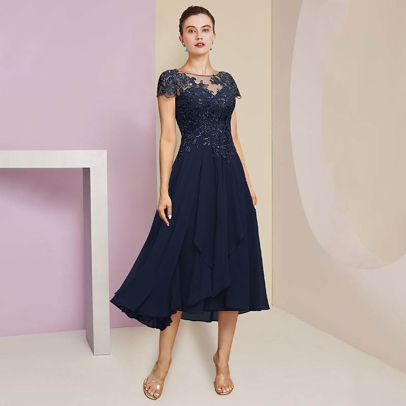 Kaksi Osaa A-linja Äidin Mekko Virallinen Häävieras Elegantti Pyöreä Kaula-aukko Teepituinen Tylli Pitkähiha Wrap Mukana Rypytyksellä Sequins Koristeilla Ilmainen Mukautettu Koko 2025 - $164.99 –P2