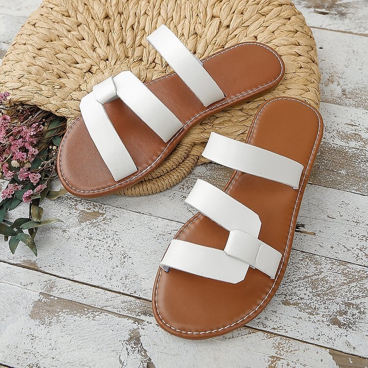 Women's Sandals Slippers Flat Sandals Plus Size Comfort Shoes Daily Solid Color Summer Flat Heel Open Toe Fashion Casual PU Loafer Black White Light Brown 2023 - AED 79 –P6