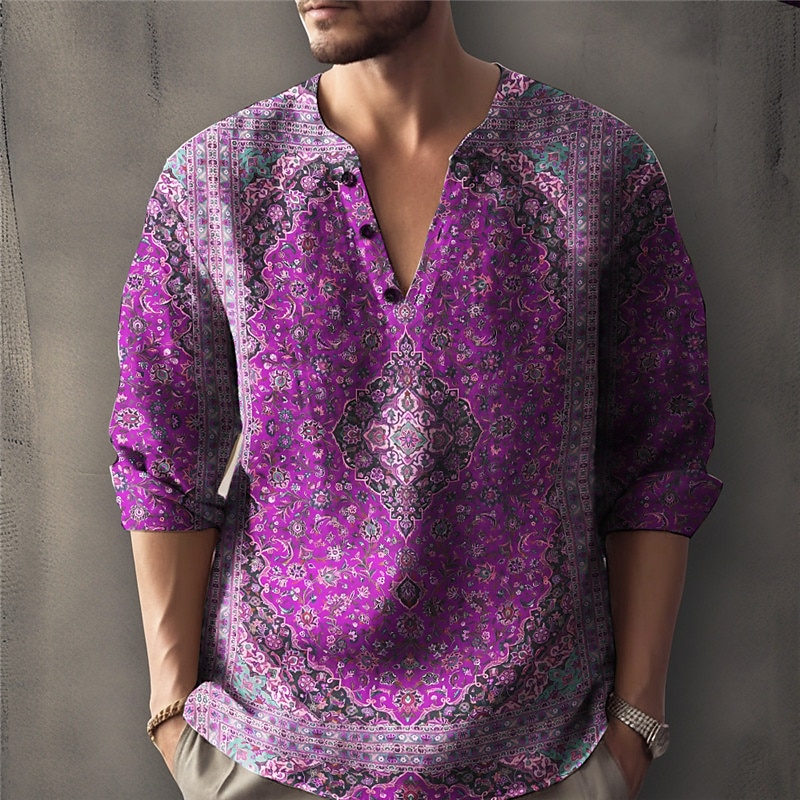 Bărbați Floral Epocă Cămașă Cămașă de in Camașă cu nasturi Manșon Lung Modă Șic Stradă Designer Zilnic În aer liber Vară Primăvară Toamnă Guler de stand Imprimeu Albastru piscină Negru + Negru Galben 2026 - $26.99 –P5