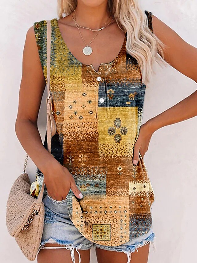 Women's Camisole Tank Top Basic Print Sleeveless Regular Tops U Neck Casual Red Brown Green 2025 - $17.99 –P2
