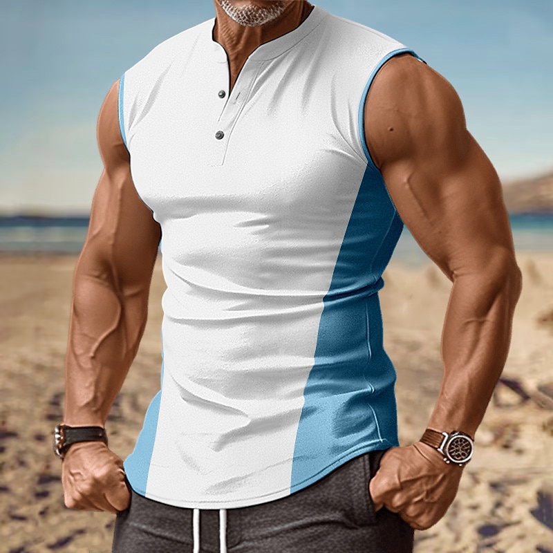 Herre Singleter Vest topp Underskjorte Ermeløs skjorte Ermeløs Henley krage Sommer Fargeblokk Mote Designer Muskel Knapper utendørs Ut på byen Treningssenter Svart Hvit Rød Topp T-skjorte for menn 2025 - $16.49 –P3