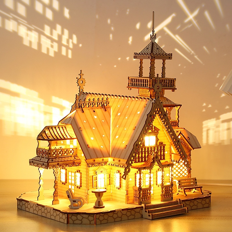 3D dřevěné puzzle vila dům královský hrad se světelnou montážní hračkou pro dospělé kutily modelové sady stolní dekorace pro dárek 2025 - $49.99 –P5
