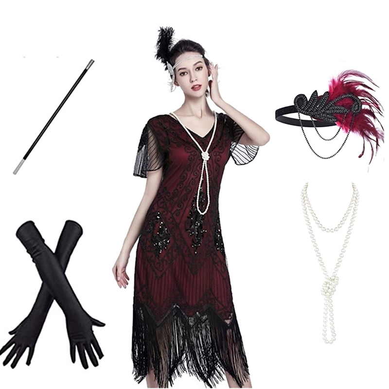 Goldene Zwanziger 1920er Knielang Kleid Flapper Kleid Outfits Kurze Ärmel Der große Gatsby Hochzeitsgast Pailletten Quastenfransen Pailletten Quaste V Ausschnitt Kostüm Damen Karneval Maskerade 2026 - $66.99 –P4