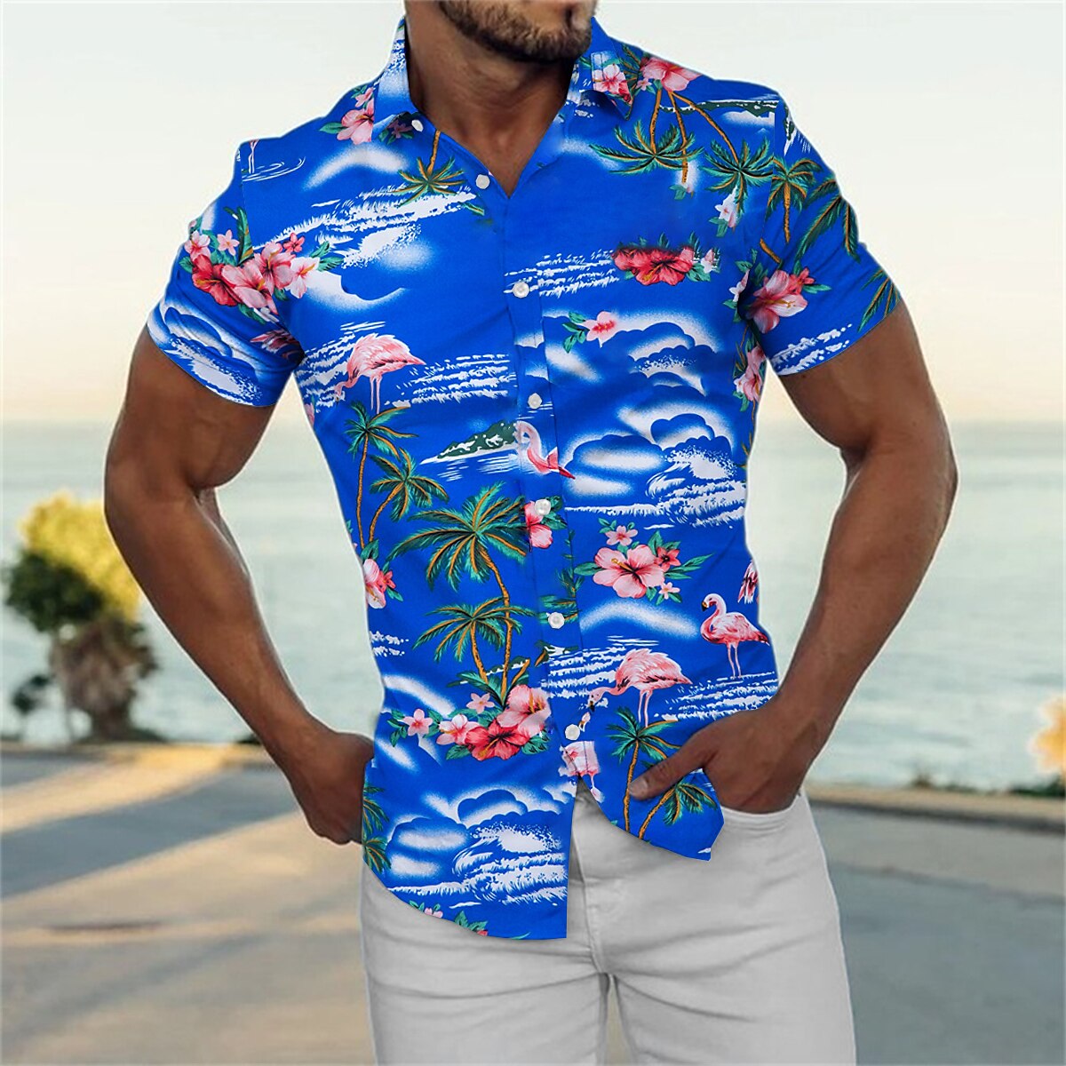 Men's Shirt Summer Shirt Casual Shirt Beach Shirt Summer Hawaiian Shirt Button Up Shirt Navy Blue Blue Green Short Sleeve Coconut Tree Flamingos Turndown Street Daily Print Clothing Apparel Polyester 2025 - $20.99 –P3
