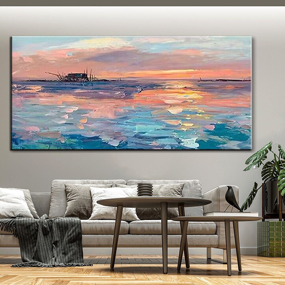 Pure Hand painted Sunset Sea Sky Ocean Beach Landscape Colorful Abstract Wall Art Extra Large Panoramic Oil Painting On Canvas 2025 - $83.99 –P7
