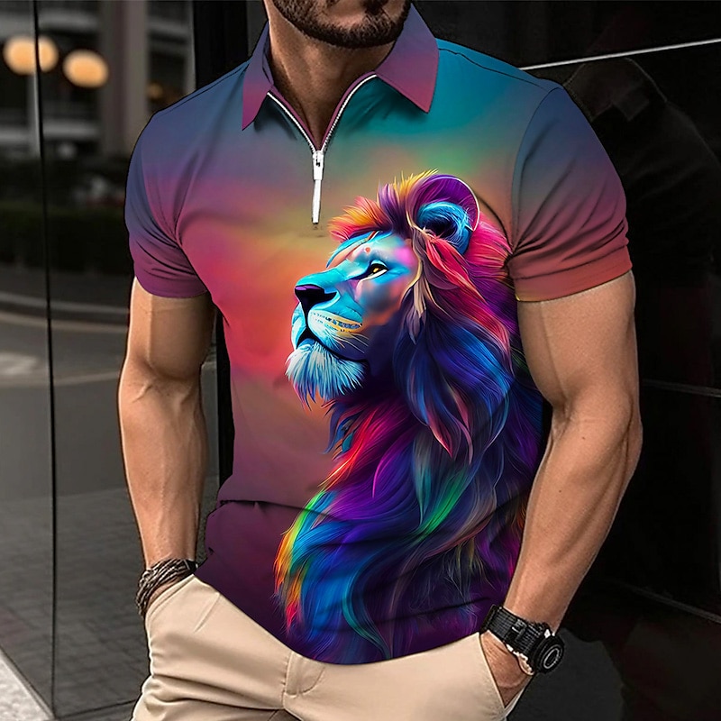 Men's Lion Zip Polo Shirts Golf Shirt Short Sleeve Polo Shirts Collared Shirts Casual Funny Streetwear Vacation Wear Party Outfits 3D Print Quarter Zip Polo Pink Army Green Royal Blue 2025 - $22.99 –P3