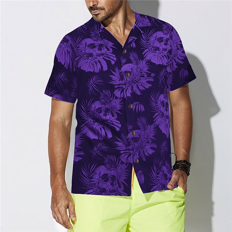 Voor heren Doodskoppen Bladeren Tropische planten Overhemd Hawaiiaans overhemd Aloha-shirt Korte mouw Overhemd Strijkijzer Tropisch Modieus Hawaii Casual Hawaii Feestdagen Zwart Paars Bruin S M L 2025 - $24.99 –P7