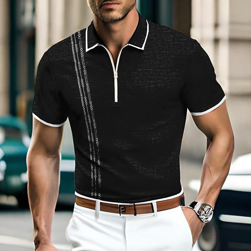 Geometric graphic print golf shirt Men's Black Golf Polo (Black