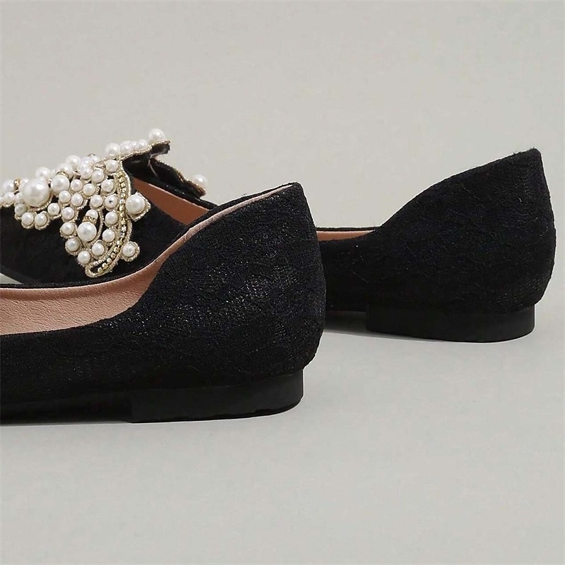 Hochzeitsschuhe für Braut, Brautjungfer, Damen, geschlossene Zehenpartie, spitze Zehenpartie, Aprikosenschwarze PU-Flats mit Imitationsperlenkristall, flacher Absatz, Hochzeit, Party, Valentinstag, eleganter Klassiker 2025 - $46.99 –P13