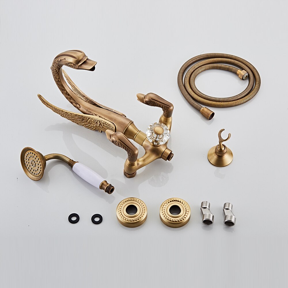 vintage messinginen suihkuhanasetti käsisuihkulla, perinteinen kylpyammeen juoksuputki kaksikahvainen kylpyamme hana seinään kiinnitettävä 2026 - ₩881654 –P8