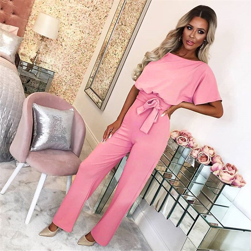 Clearance Jumpsuit MIARHB Ladies Summer Lapel Buttoned Belt Solid Color Short  Sleeve Pink L 