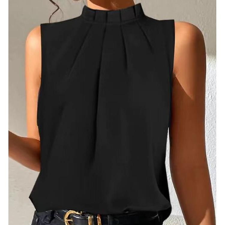 Camisola da donna canotta base senza maniche top regolari collo alto casual nero del 2025 a $17.49 –P3