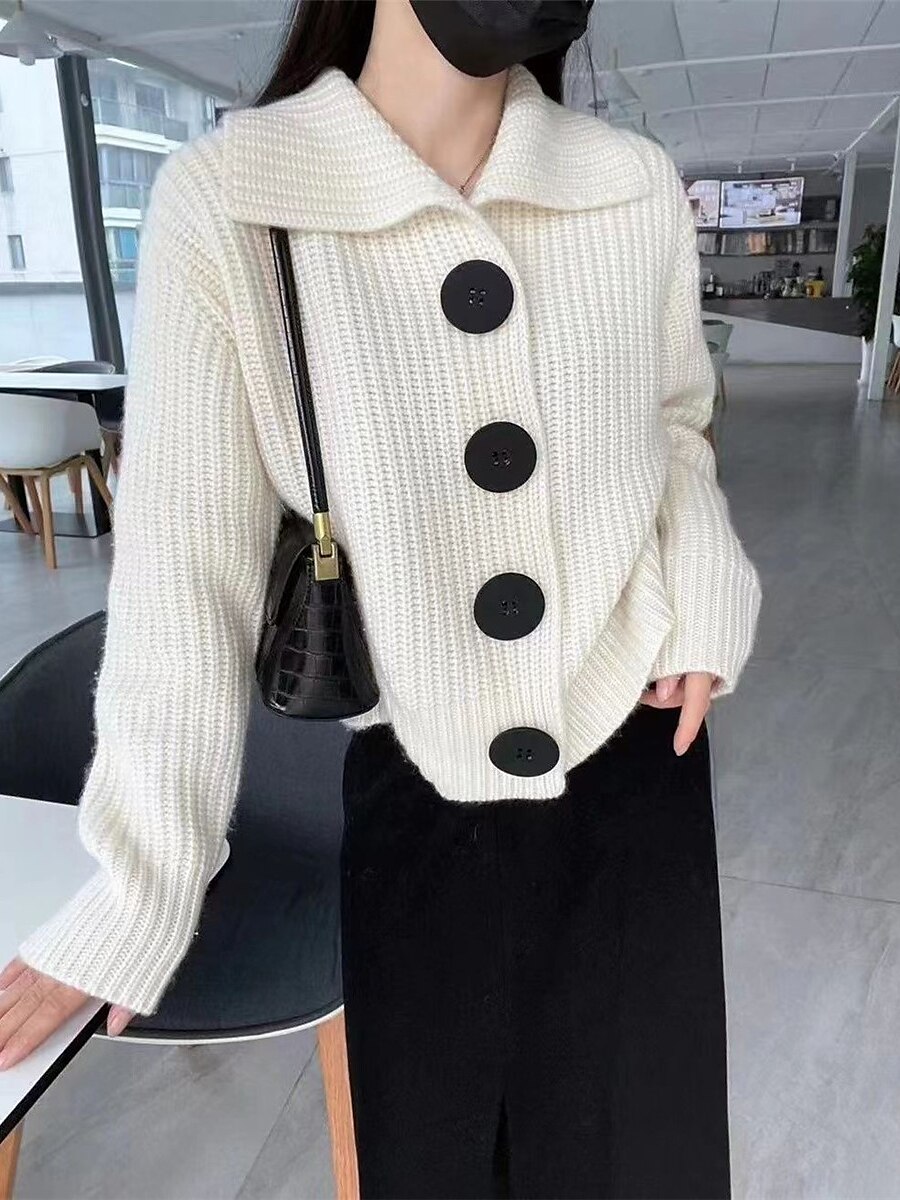 Women's Cardigan Sweater Shirt Collar Ribbed Knit Polyester Button Summer Spring Halloween Daily Going out Stylish Casual Soft Long Sleeve Solid Color White Orange Gray One-Size 2023 - US $21.99 –P6