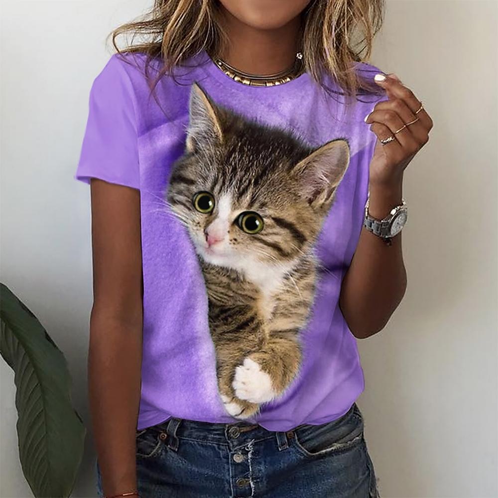 Women's T Shirt Basic Cat Print Short Sleeve Regular Tops Round - Main Image