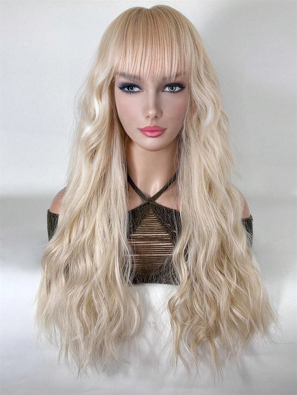 Syntetické paruky Kudrny S ofinou na stroji Paruka Dlouhý Zlatavá Umělé vlasy Dámské cosplay Měkký povrch Módní Blonďatá 2025 - $29.99 –P3