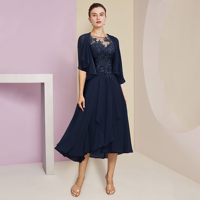 Kaksi Osaa A-linja Äidin Mekko Virallinen Häävieras Elegantti Pyöreä Kaula-aukko Teepituinen Tylli Pitkähiha Wrap Mukana Rypytyksellä Sequins Koristeilla Ilmainen Mukautettu Koko 2025 - $164.99 –P1
