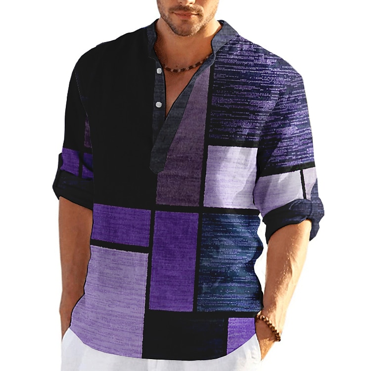Men's Striped Geometric Pattern Geometry Shirt Button Up Shirt Long Sleeve Fashion Streetwear Designer Casual Going out Summer Spring Fall Stand Collar Print Blue-Green Yellow Black / Purple Red 2025 - $24.99 –P12